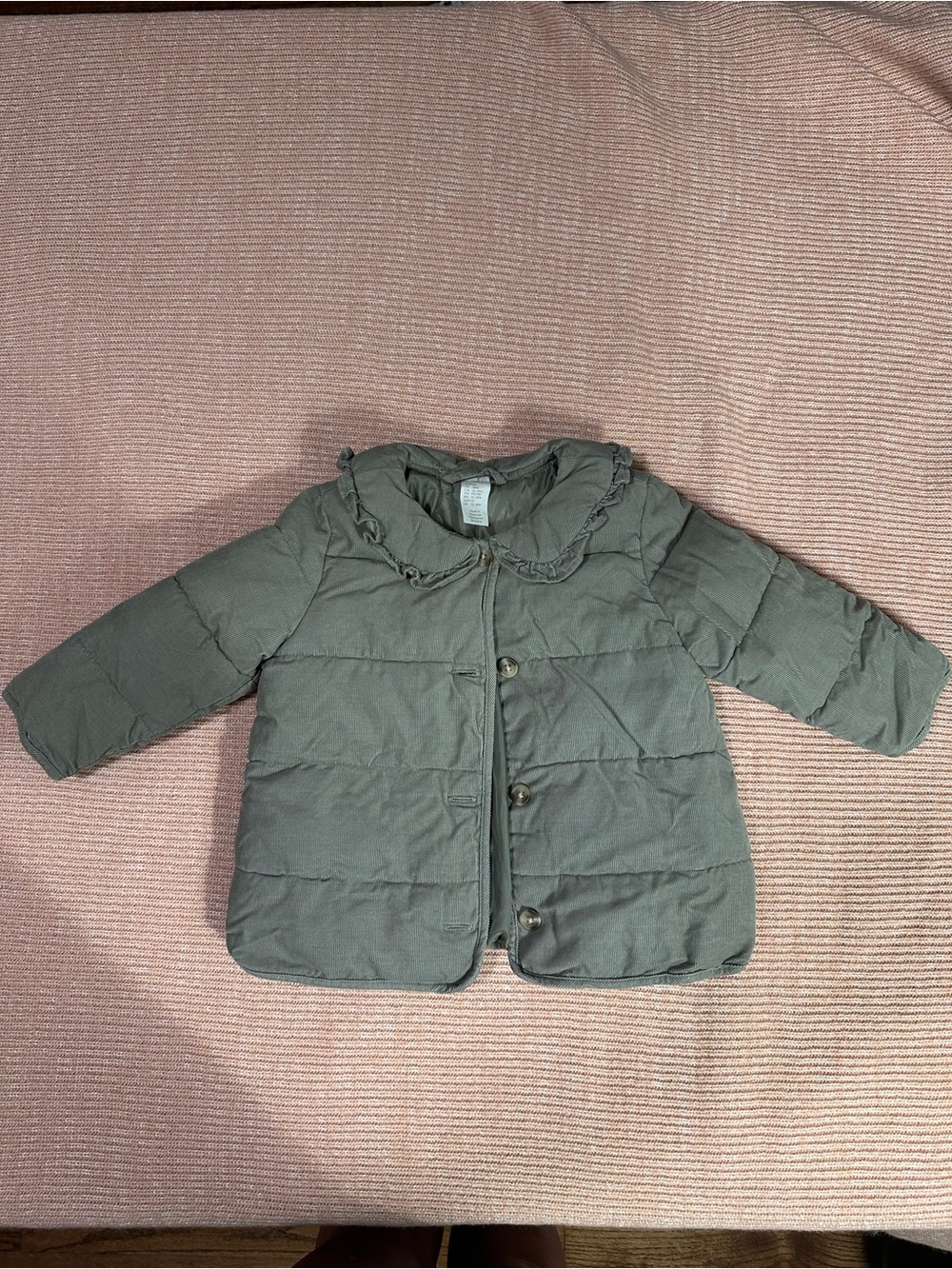 H&M Olive Green Puffer Jacket with Ruffle Collar